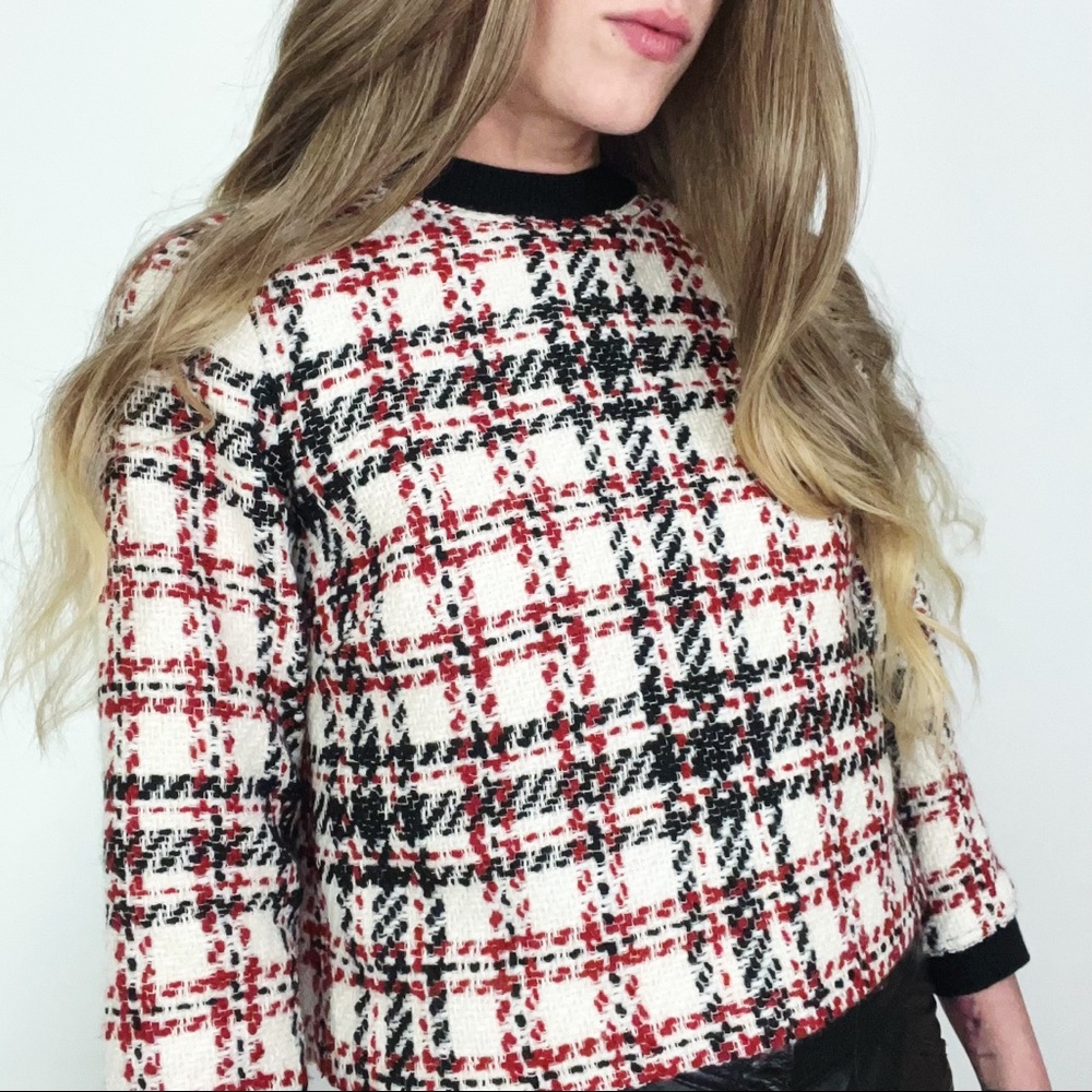 Bouclé Knit Plaid Top | Size S